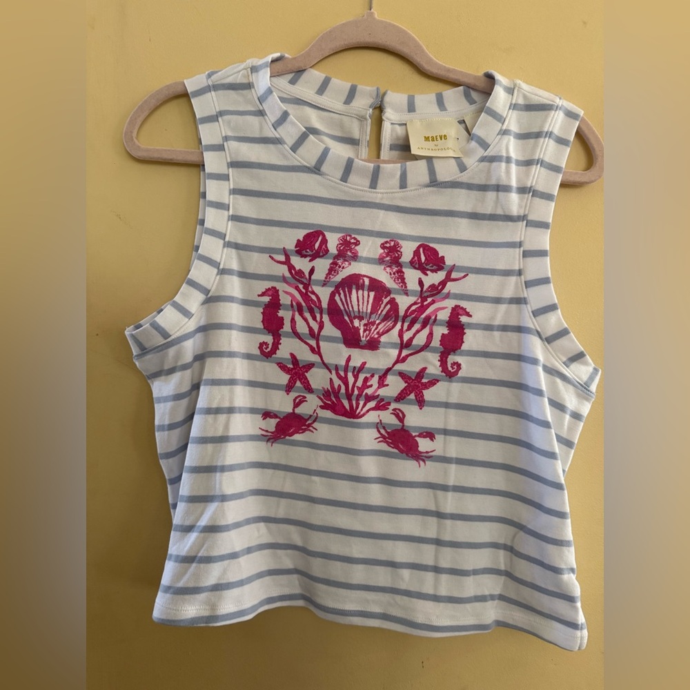 Maeve Blue and White Striped Tank Top with Pink Sea Life Design